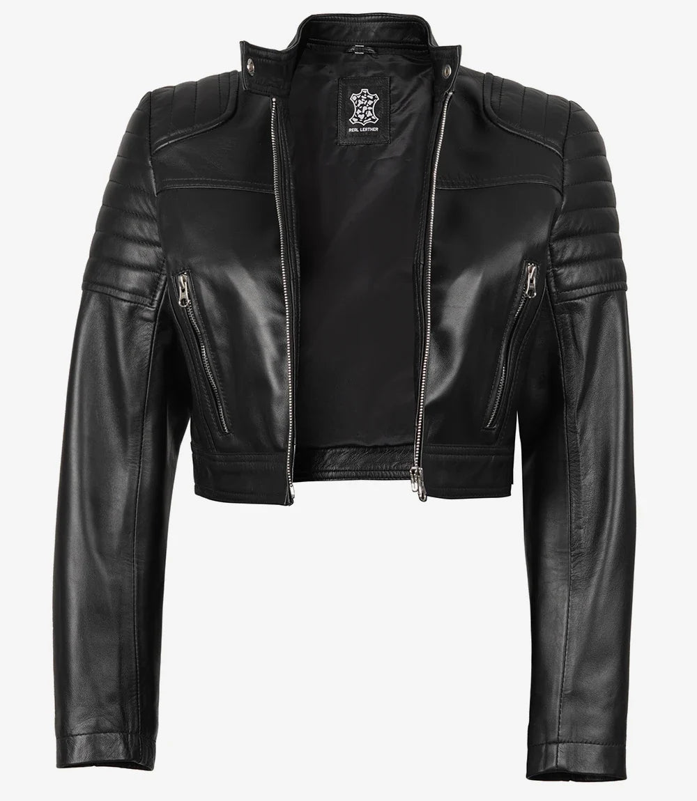 Women's Black Cropped Biker Style Leather Jacket