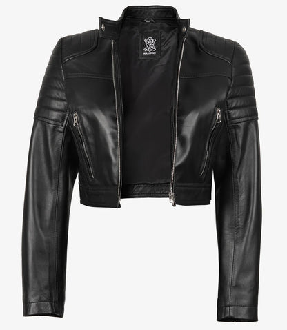 Women's Black Cropped Biker Style Leather Jacket