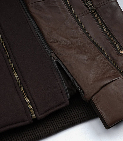 Mens Dark Brown Bomber Leather Jacket With Hood