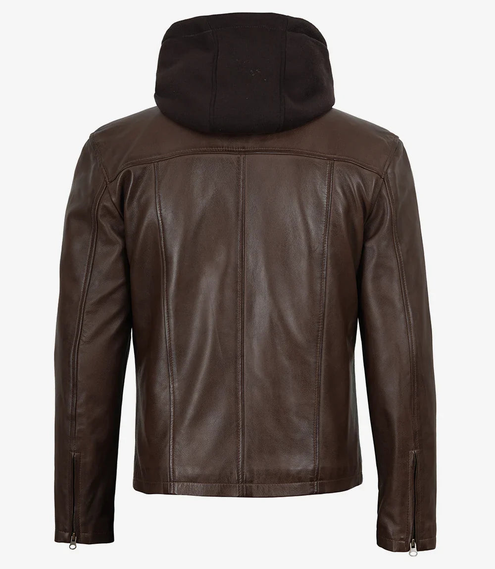 Mens Dark Brown Biker Style Leather Jacket with Hood