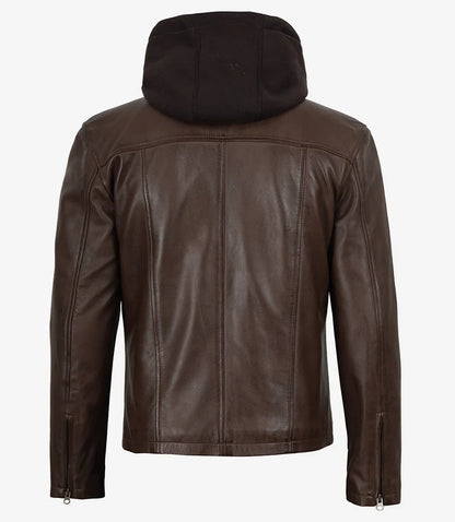 Mens Dark Brown Biker Style Leather Jacket with Hood