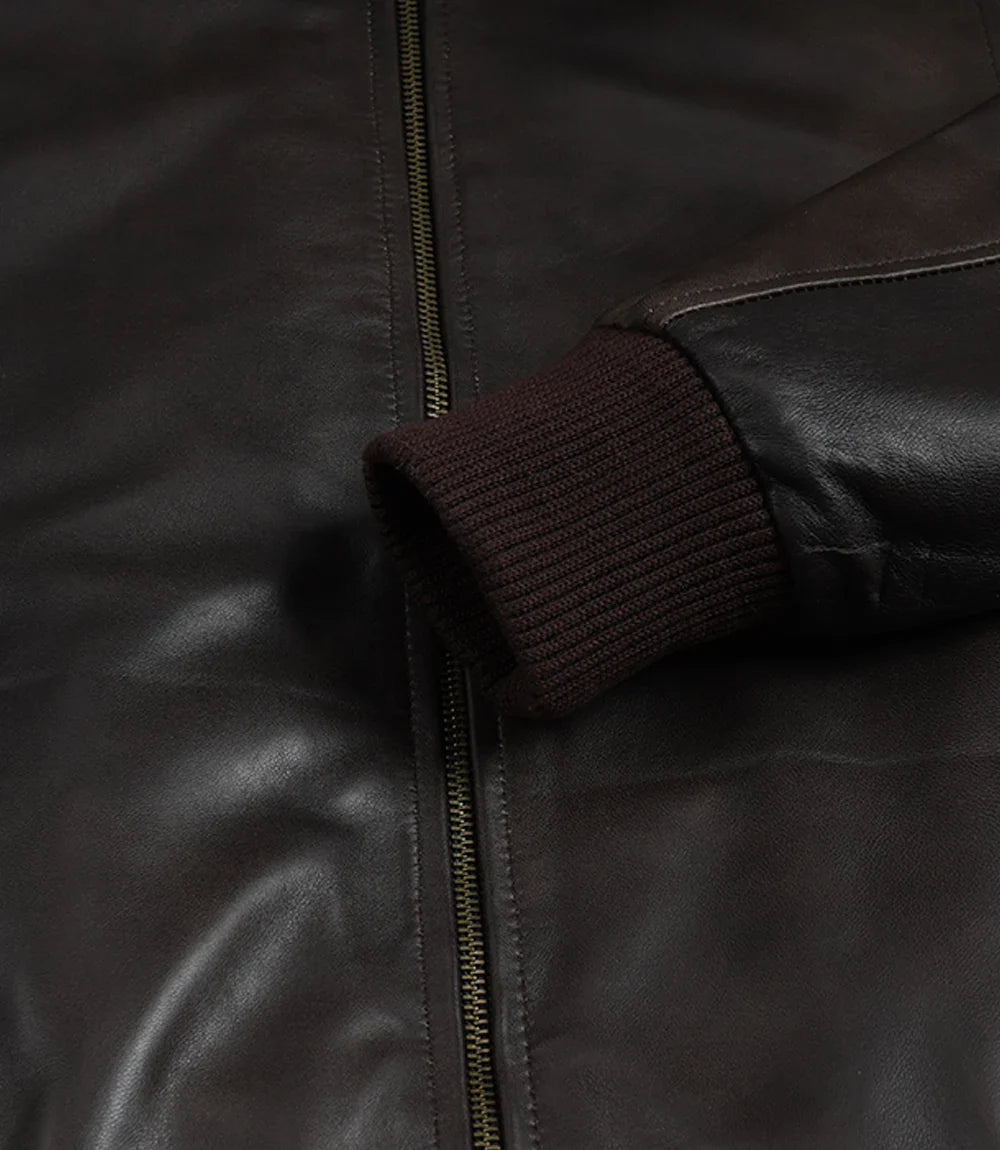 Men's Vintage Brown Leather Bomber Jacket with Shirt Collar