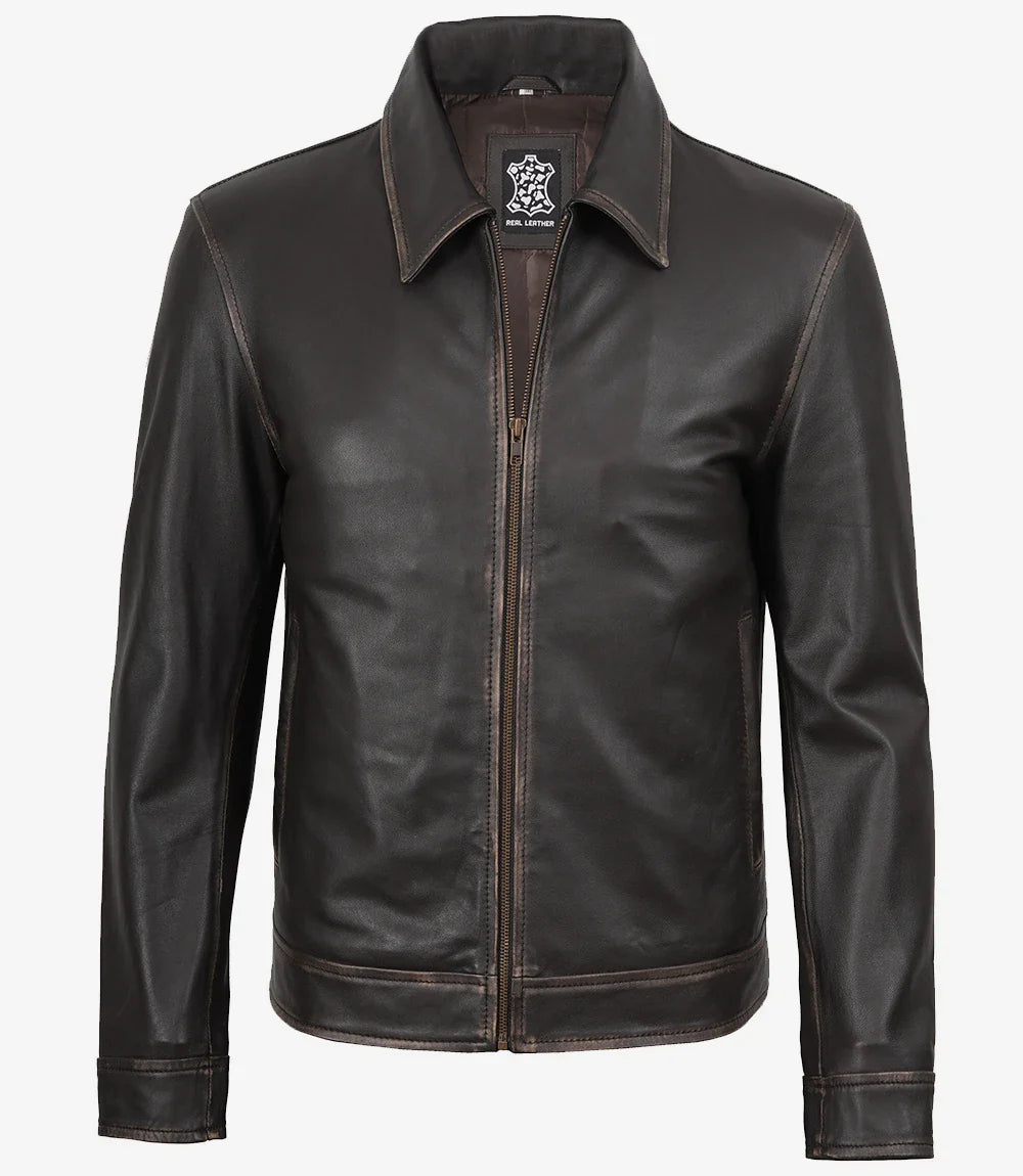 Mike Men's Dark Brown Rub Off Leather Jacket