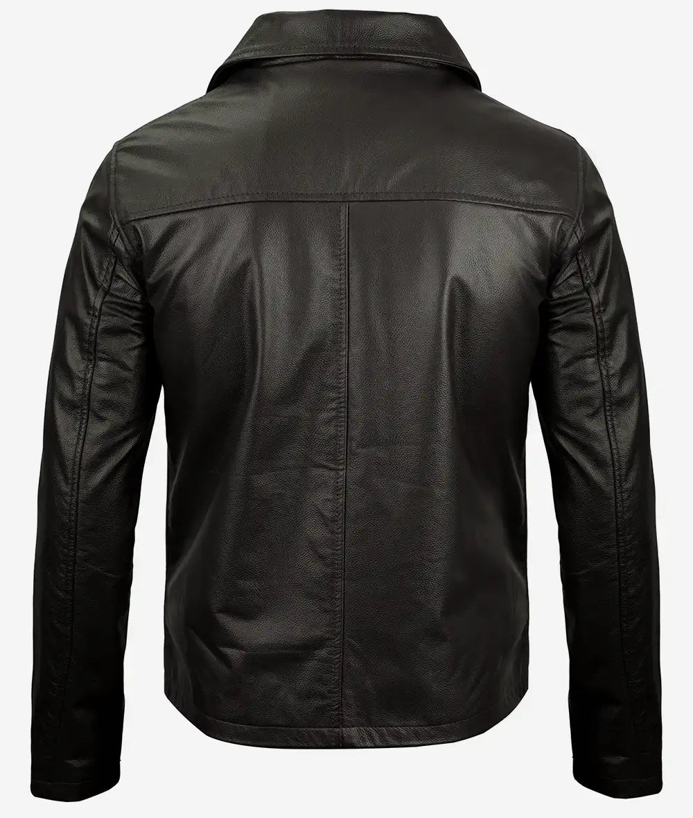 Men's Dark Brown Cowhide Leather Jacket with Shirt Collar Max Jackets