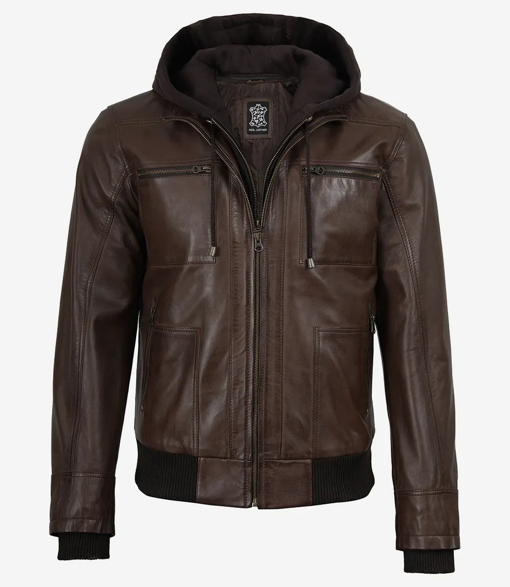 Men's Dark Brown Bomber Leather Jacket With Removable Hood