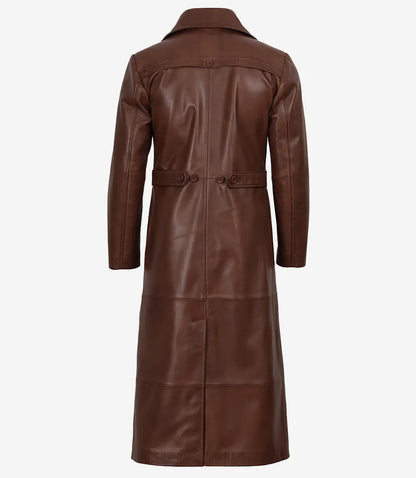 Men's Dark Brown Leather Long Duster Coat with Waist Adjuster