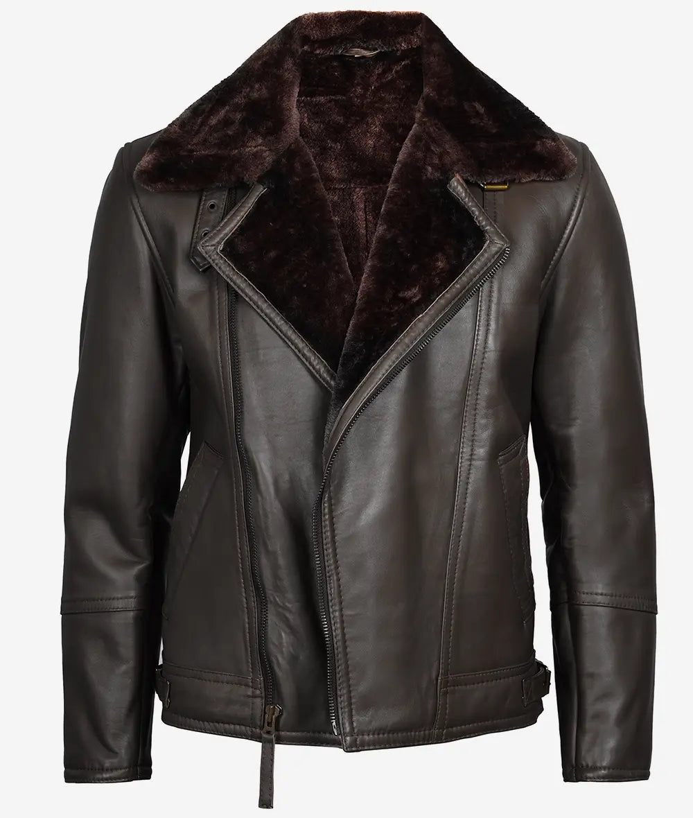 Men's Shearling Lined Dark Brown Moto Leather Jacket Max Jackets