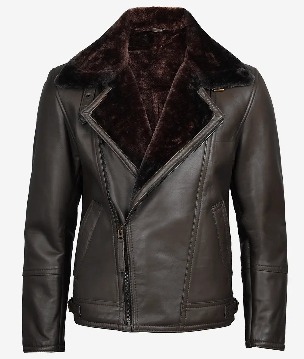 Men's Shearling Lined Dark Brown Moto Leather Jacket Max Jackets