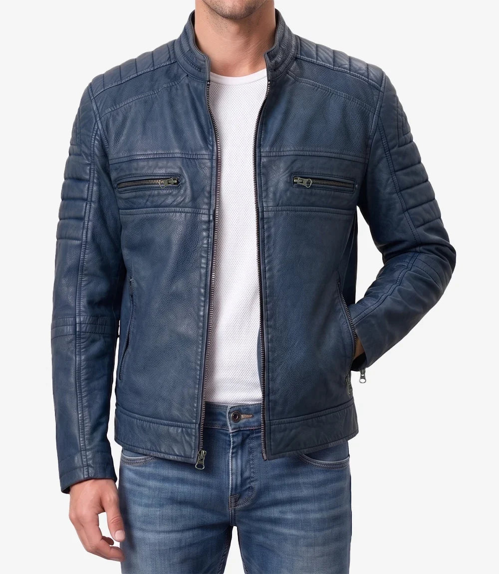 Men's Washed Blue Cafe Racer Style Leather Jacket