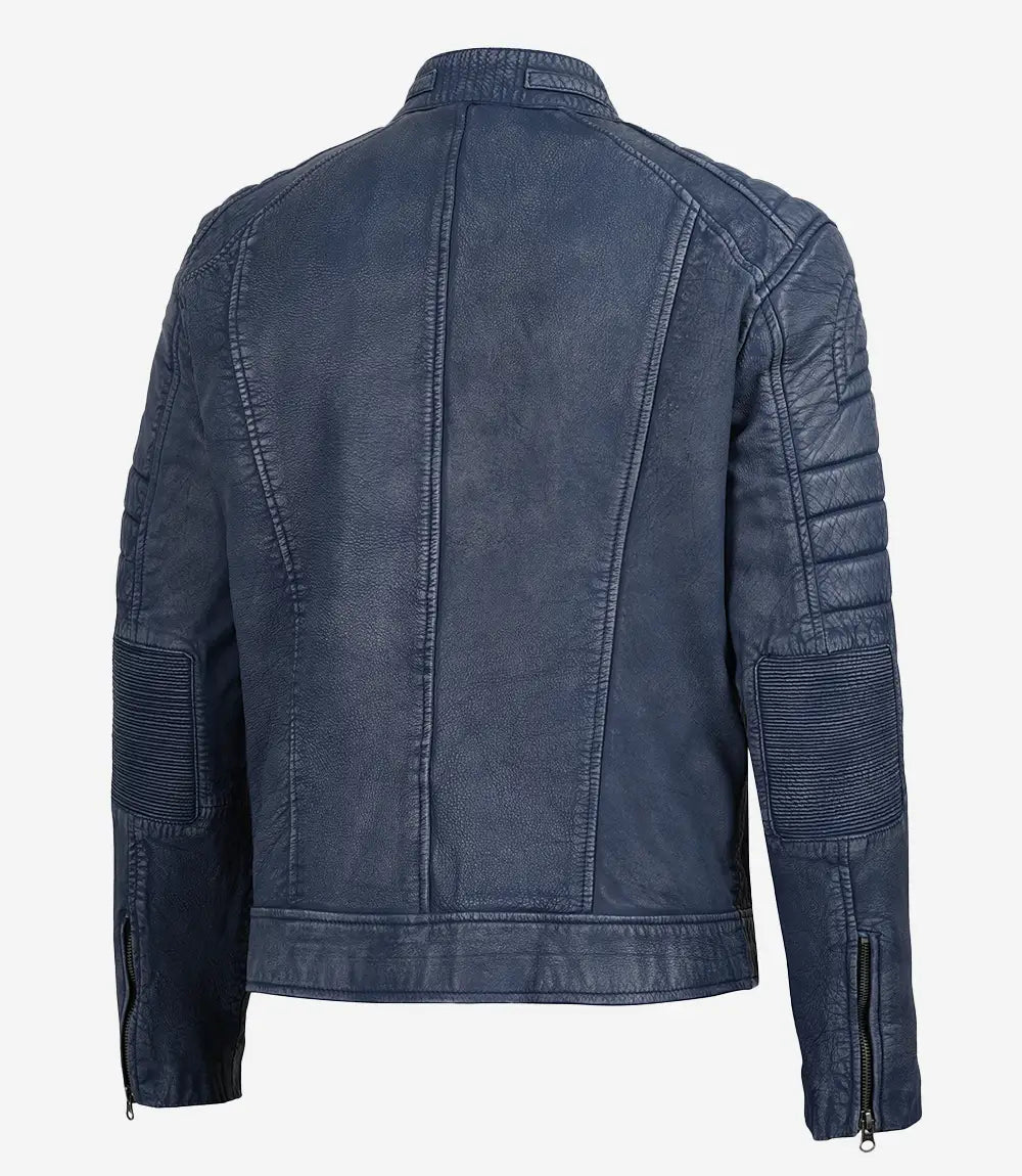 Men's Washed Blue Cafe Racer Style Leather Jacket