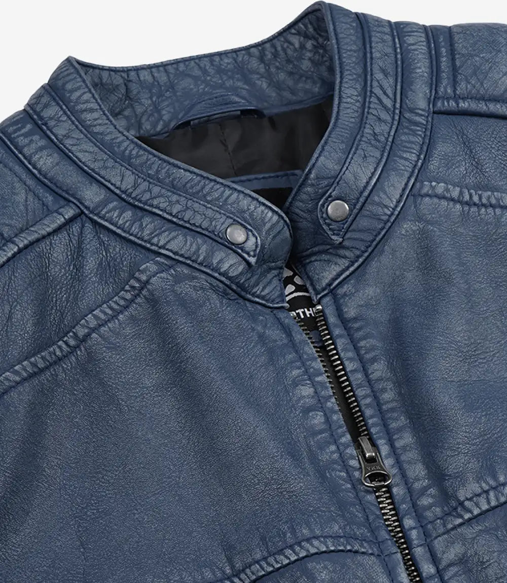 Men's Washed Blue Cafe Racer Style Leather Jacket