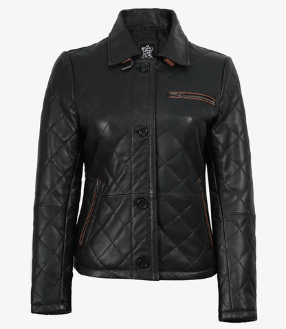 Women's Black Diamond Quilted Leather Jacket with Brown Trim