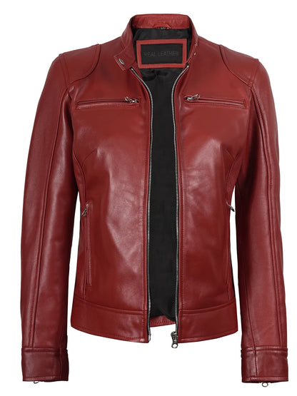 Dodge - Women's Red Leather Cafe Racer Jacket