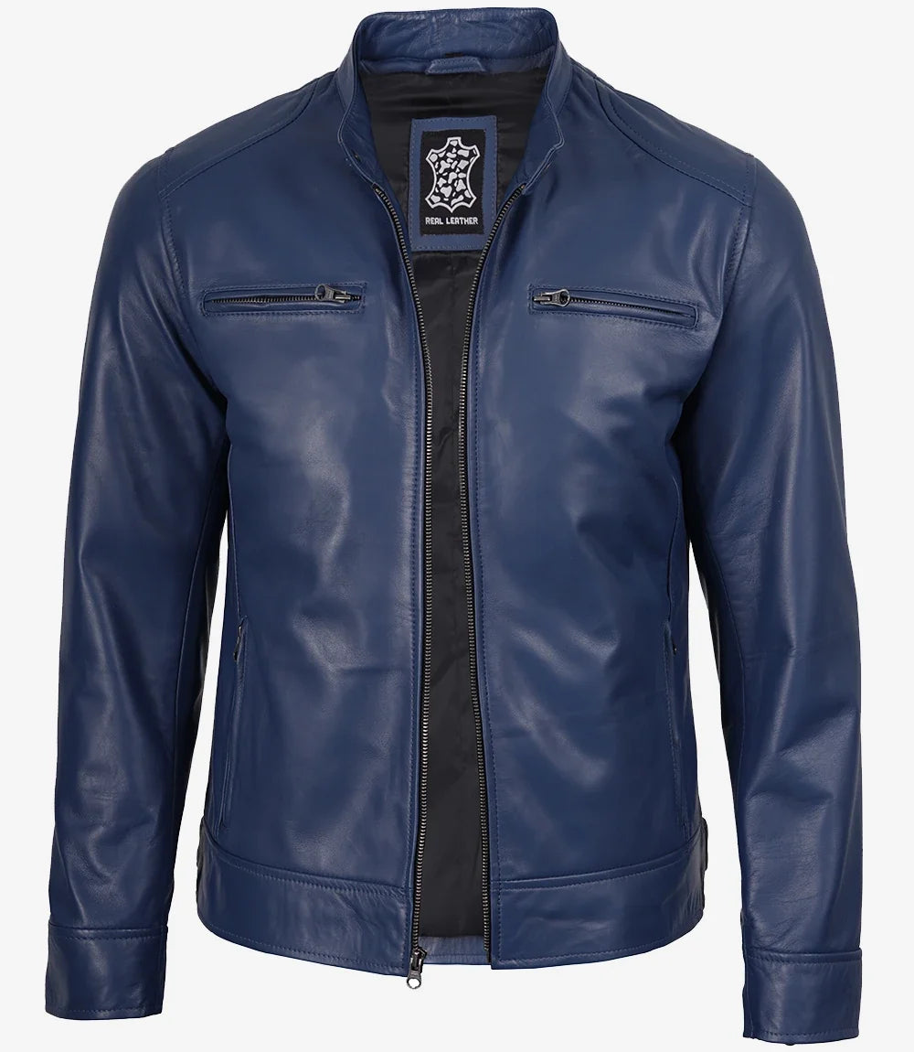 Men's Blue Lambskin Cafe Racer Jacket