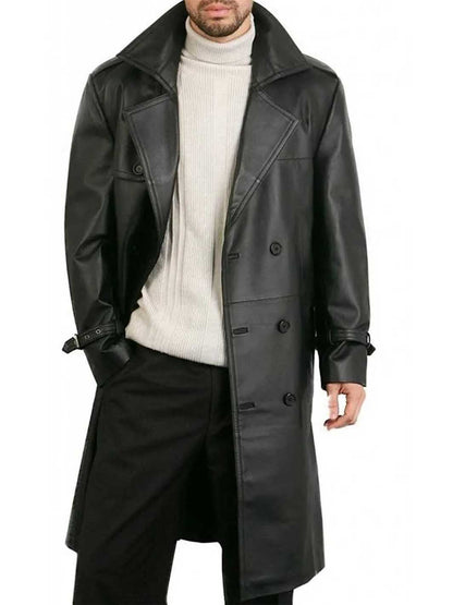 Mens Black Knee Length Leather Coat | Double Breasted