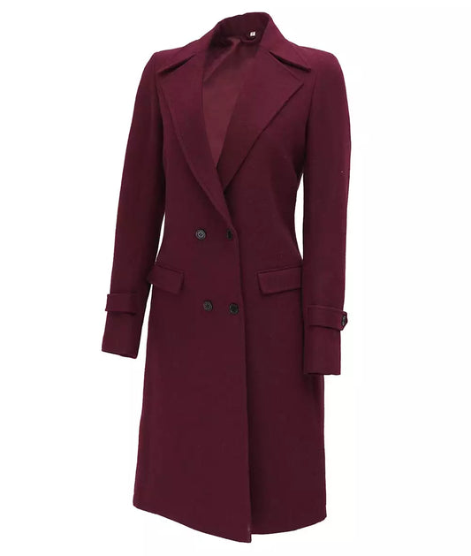 Women's Double Breasted Wool Coat – Maroon Long Wrap Coat