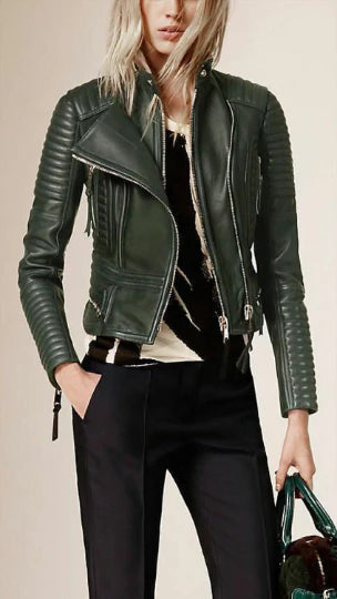 Women Lambskin olive Green Leather Jacket, Stylish Motorcycle Jacket Max Jackets