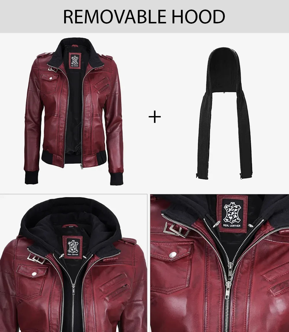 Women's Burgundy Leather Jacket with Removable Hood