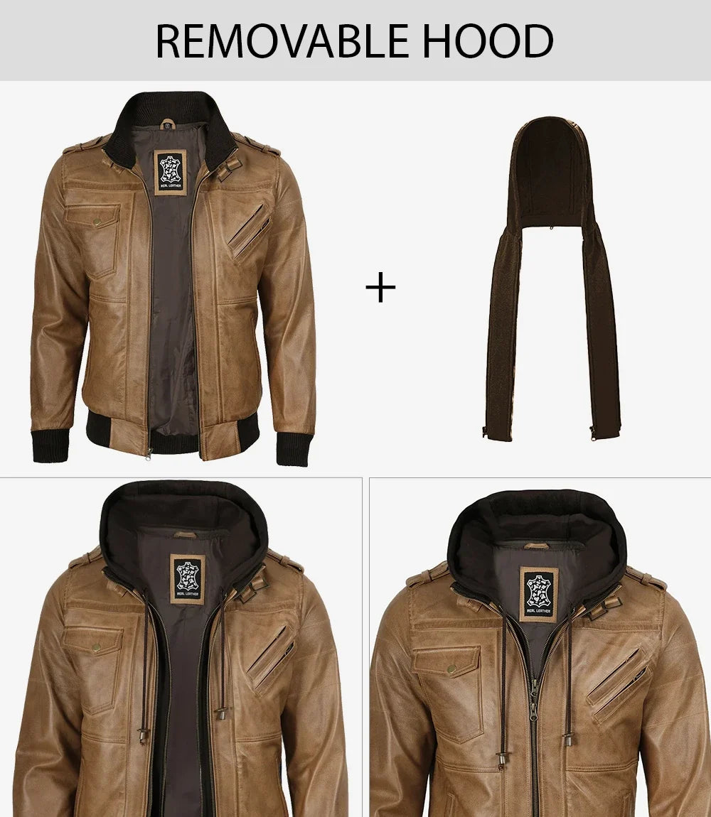 Men's Camel Brown Lambskin Bomber Jacket with Removable Hood