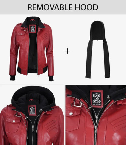 Women's Red Lambskin Jacket with Removable Hood