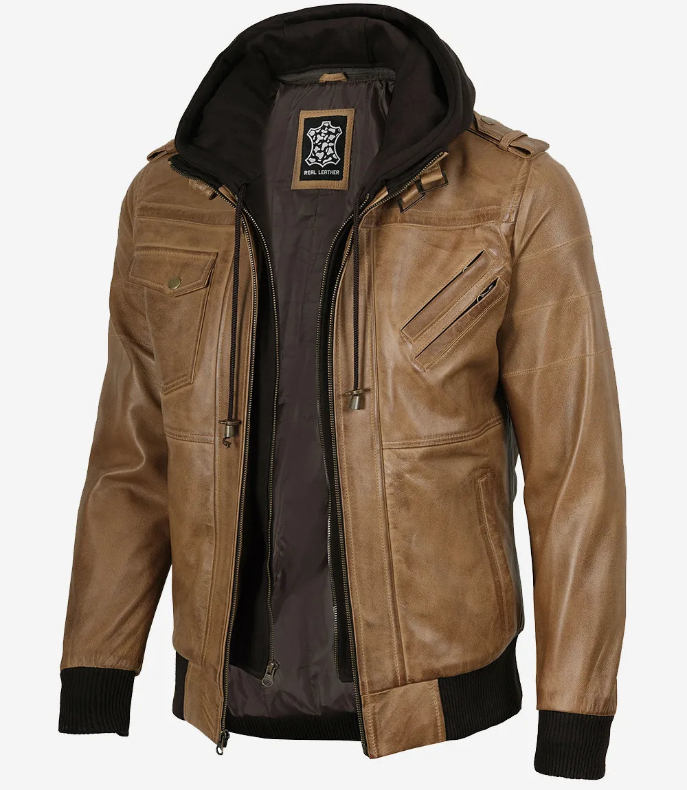 Men's Camel Brown Lambskin Bomber Jacket with Removable Hood