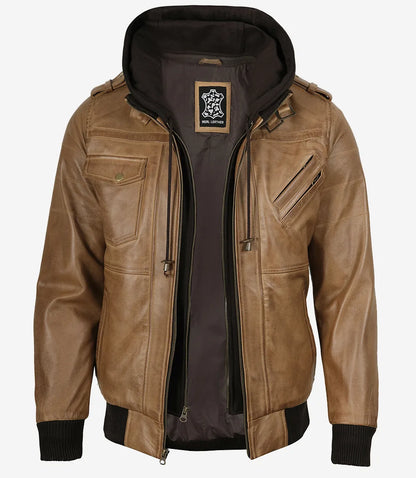 Men's Camel Brown Lambskin Bomber Jacket with Removable Hood