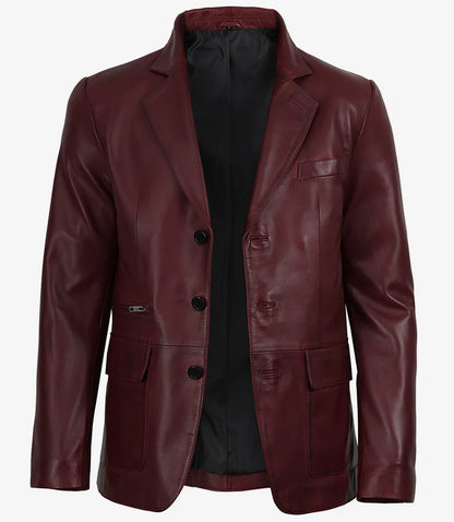 Eliseo Men's Burgundy Lambskin Leather Blazer - Three Button Style