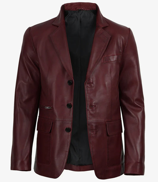 Eliseo Men's Burgundy Lambskin Leather Blazer - Three Button Style