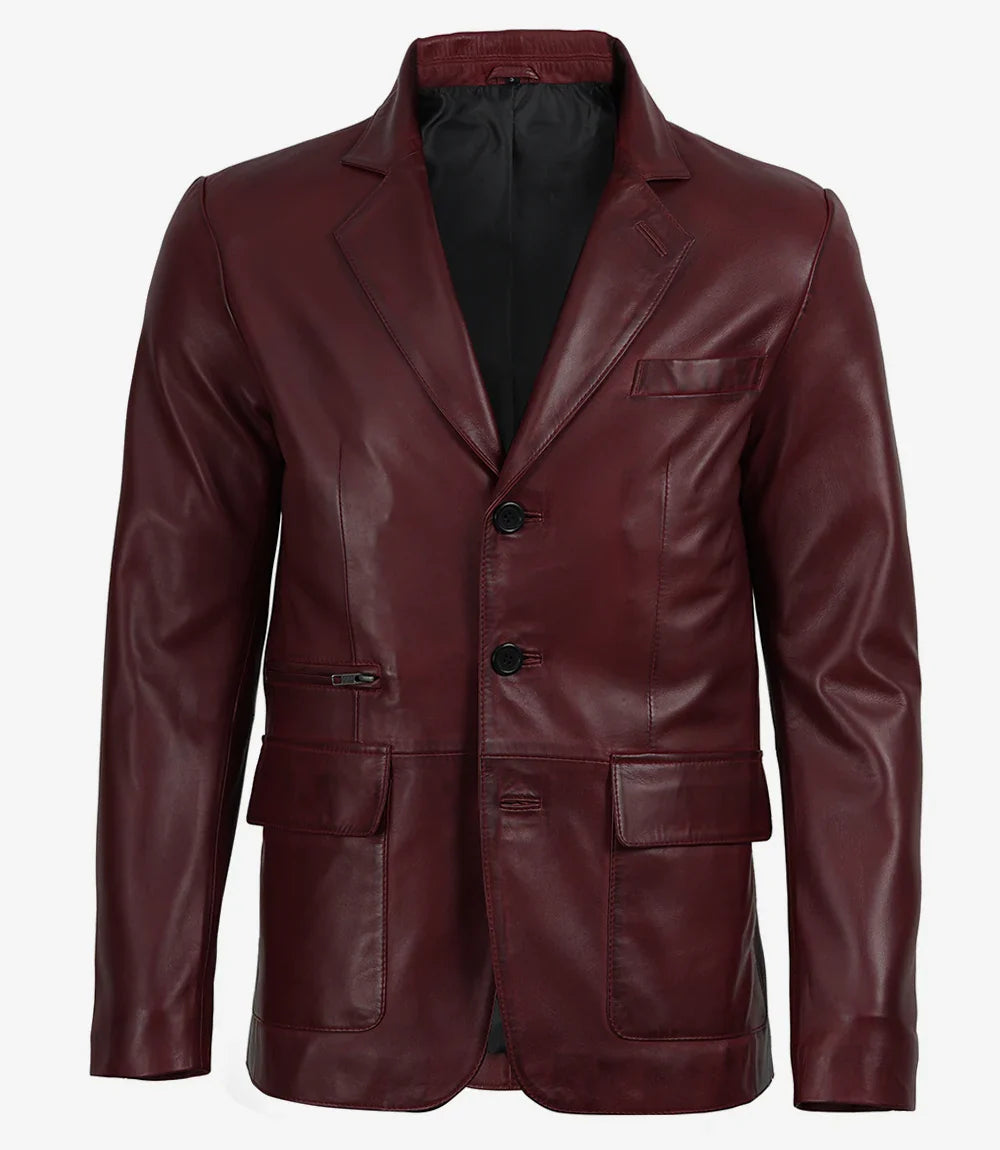 Eliseo Men's Burgundy Lambskin Leather Blazer - Three Button Style