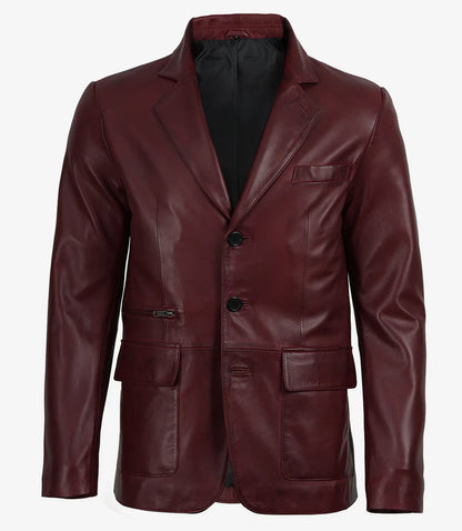 Eliseo Men's Burgundy Lambskin Leather Blazer - Three Button Style