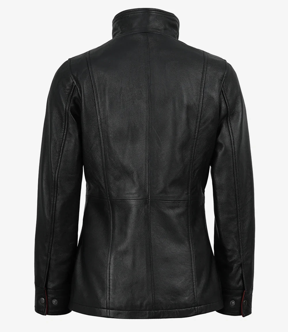 Erin Women's Black Leather Jacket with Red Inner Lapel