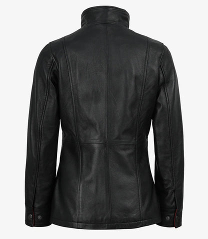 Erin Women's Black Leather Jacket with Red Inner Lapel