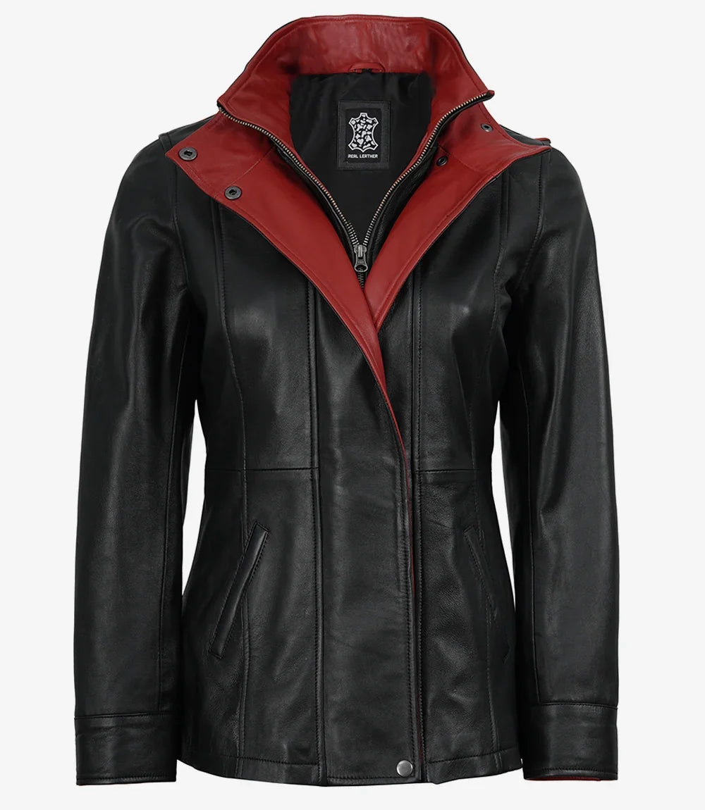 Erin Women's Black Leather Jacket with Red Inner Lapel