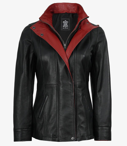 Erin Women's Black Leather Jacket with Red Inner Lapel
