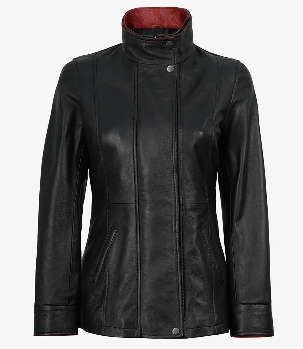 Erin Women's Black Leather Jacket with Red Inner Lapel
