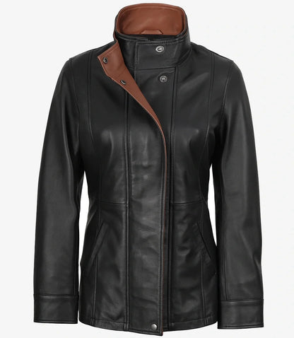Women's Black Leather Jacket with Brown Contrast Collar