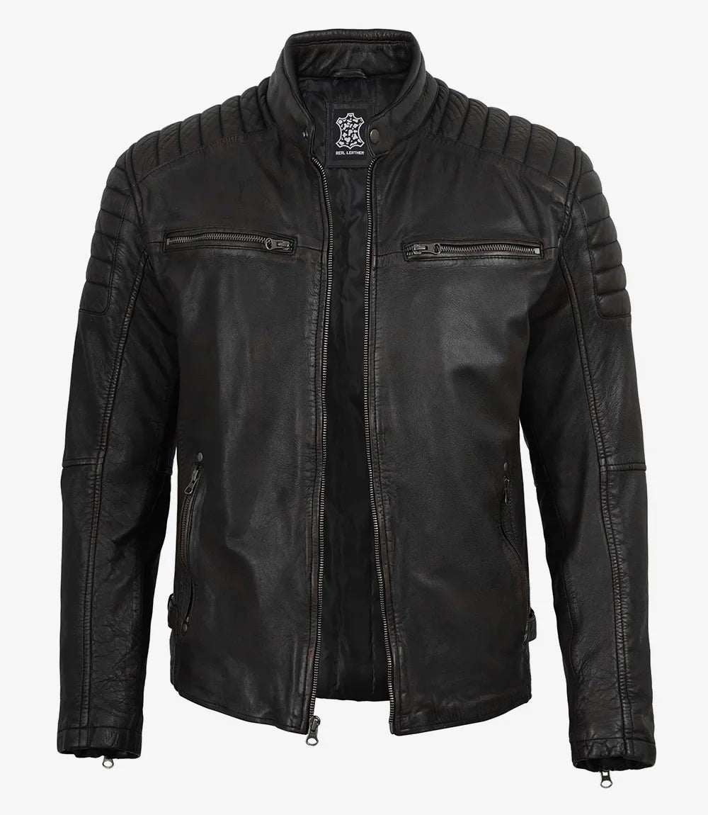 Men's Maroon Distressed Black Washed Leather Jacket - Biker Style