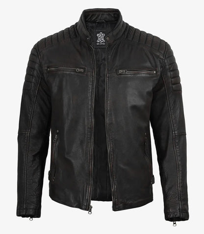 Men's Maroon Distressed Black Washed Leather Jacket - Biker Style