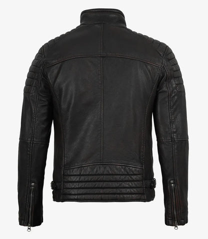 Men's Maroon Distressed Black Washed Leather Jacket - Biker Style