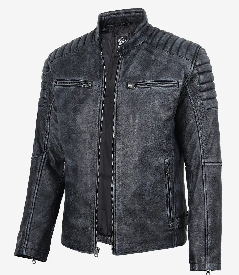 Men’s Black Washed Biker Style Leather Jacket