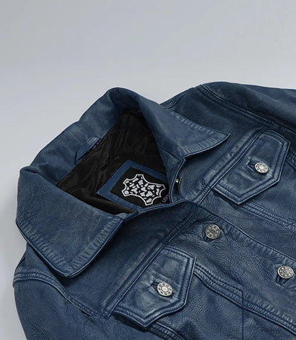Women's Denim-Style Blue Washed Trucker Leather Jacket