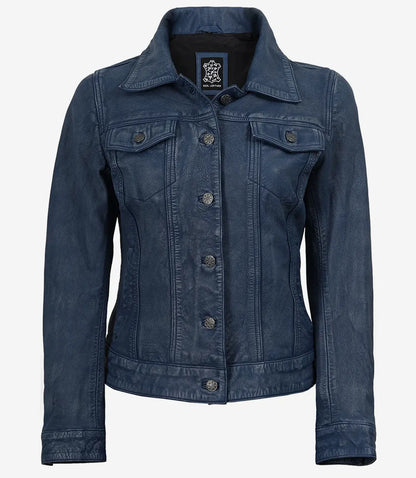 Women's Denim-Style Blue Washed Trucker Leather Jacket