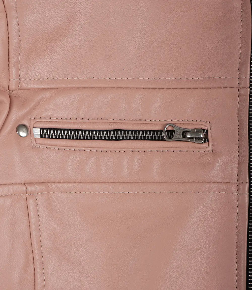 Womens Real Leather Pink Biker Style Jacket