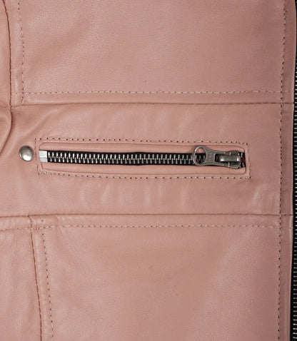 Womens Real Leather Pink Biker Style Jacket