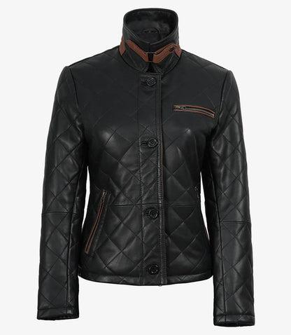Women's Black Diamond Quilted Leather Jacket with Brown Trim