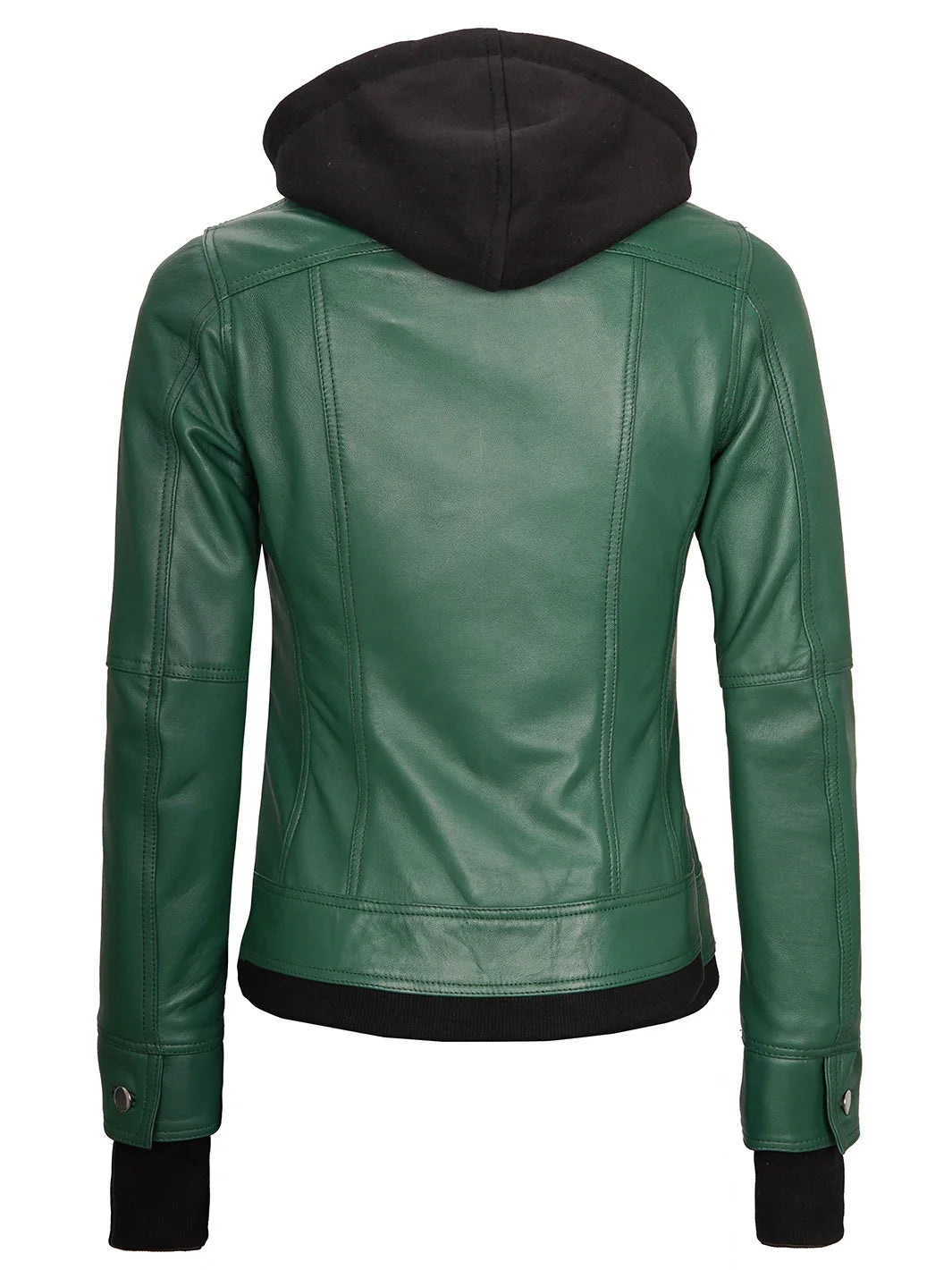 Real Leather Womens Green Bomber Jacket with Removable Hood