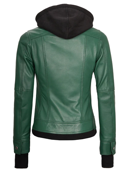 Real Leather Womens Green Bomber Jacket with Removable Hood