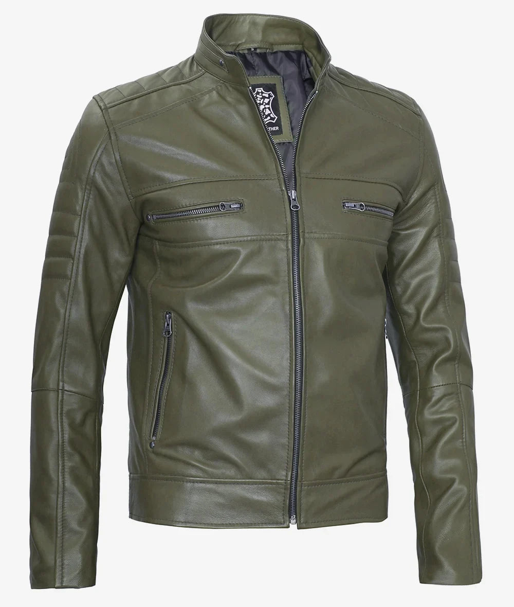 Mens Olive Green Biker Style Leather Jacket