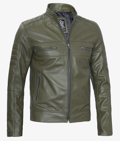 Mens Olive Green Biker Style Leather Jacket