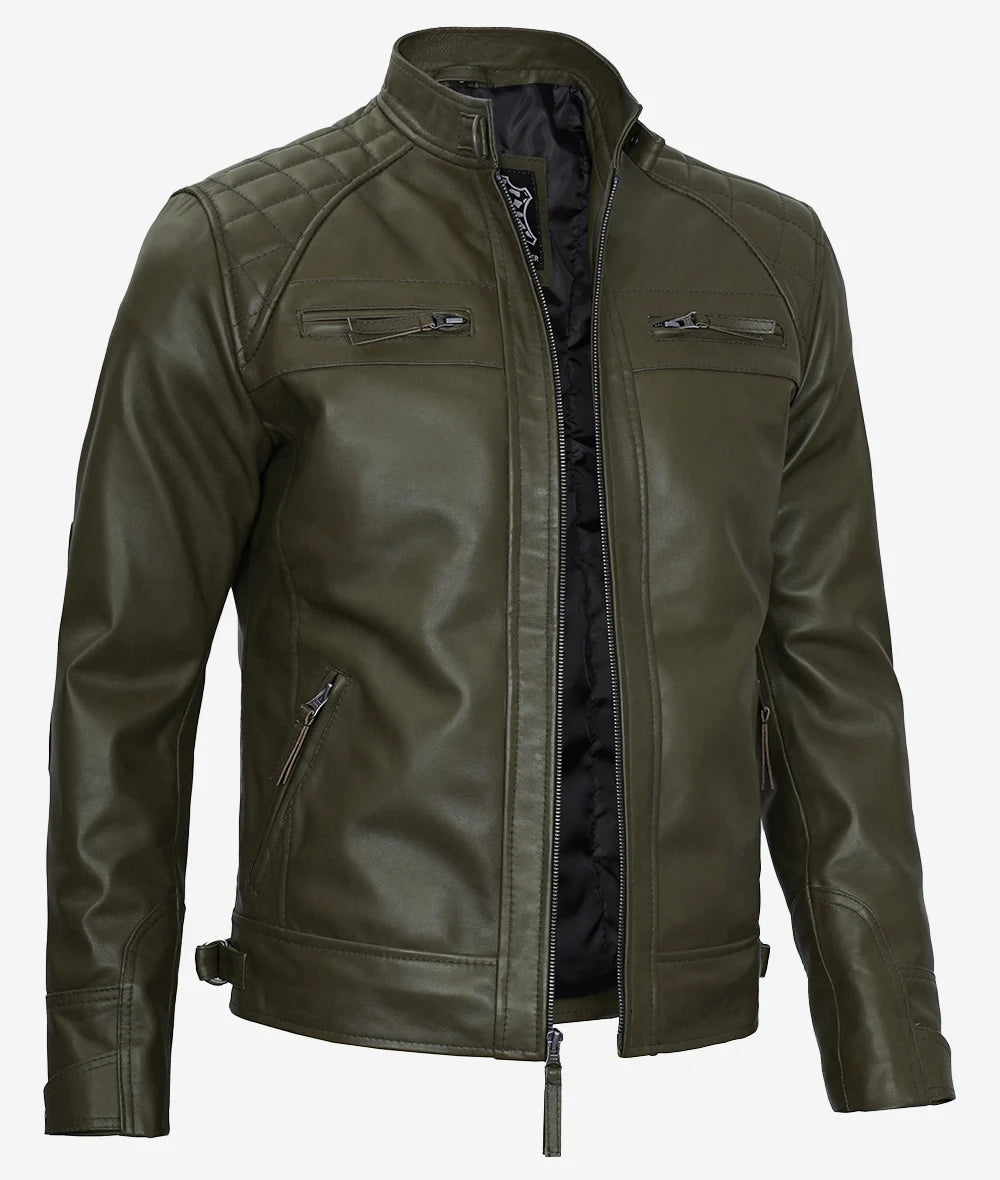 Mens Quilted Shoulder Military Green Cafe Racer Leather Jacket Max Jackets